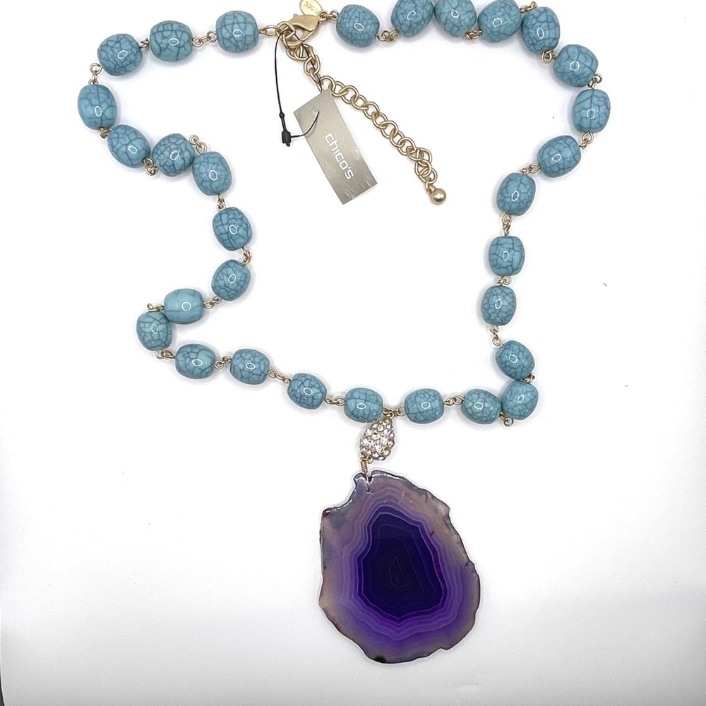 Chico's Agate Slice Turquoise Color Beaded Statement Necklace NWT